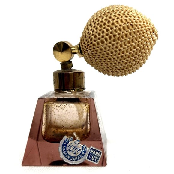 Irice Smoky Lavender Glass Perfume Bottle Atomizer Original Label Hand Cut 2.75" - Picture 1 of 8